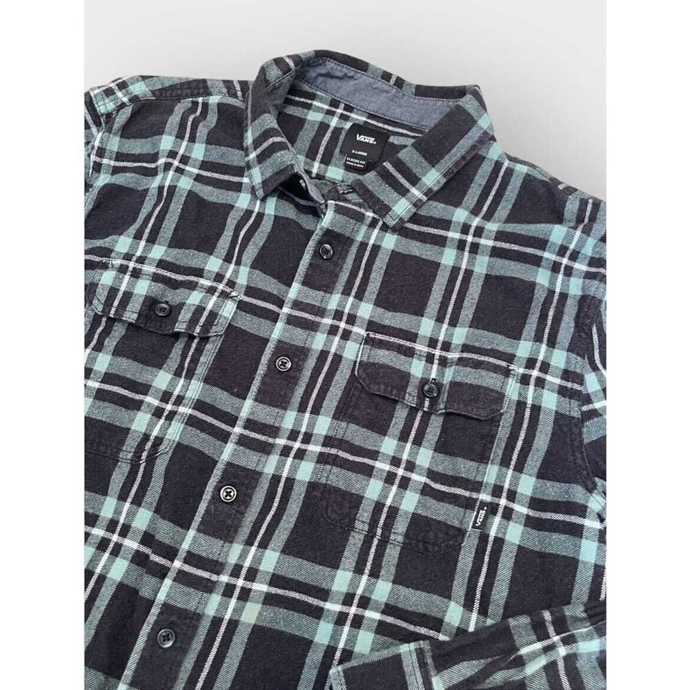 Vans Off The Wall Men's Classic Fit Blue Plaid Button Down Flannel Shirt Size XL
